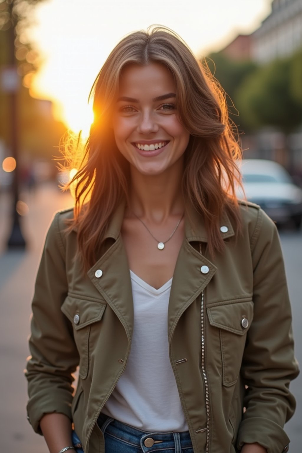 headshot of smiling woman wearing casual clothes posing for dating app headshot. outdoor blurry background. the lighting is warm, possibly from a setting sun, creating a soft glow around him, enhancing the casual and relaxed vibe of the image. the setting seems to be outdoors, likely in an urban environment, with the blurred background hinting at a street or park-like area. this image likely portrays a youthful, active, and approachable individual, possibly in a lifestyle or fashion-related context.