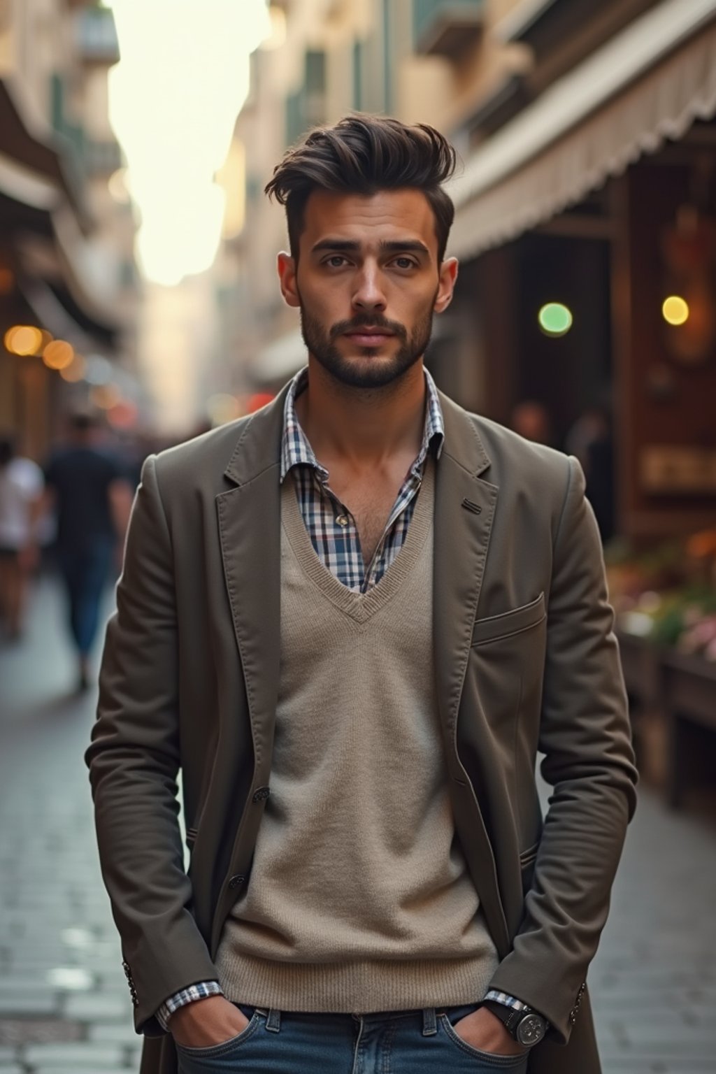 a stylish masculine  man exploring a street market