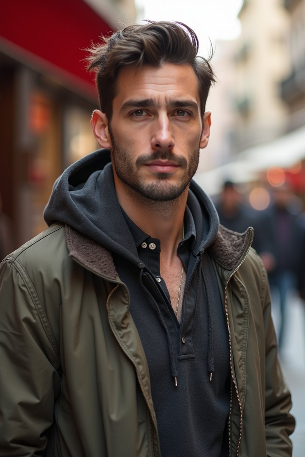 a stylish masculine  man exploring a street market