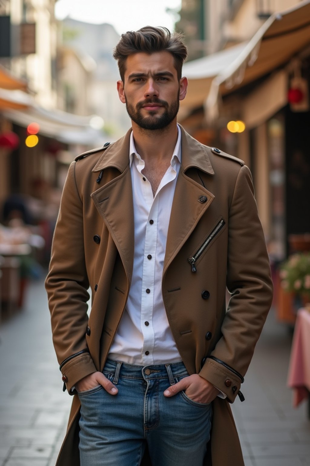 a stylish masculine  man exploring a street market