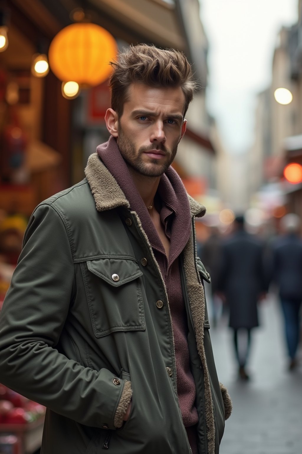 a stylish masculine  man exploring a street market