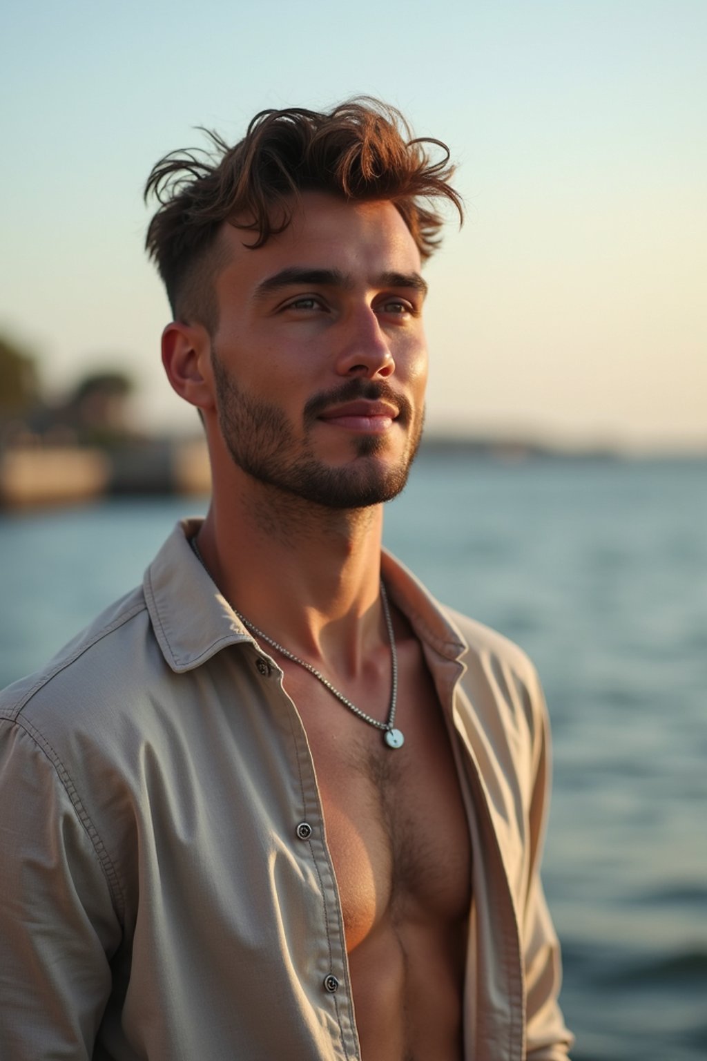 a captivating masculine  man enjoying a peaceful moment by the waterfront