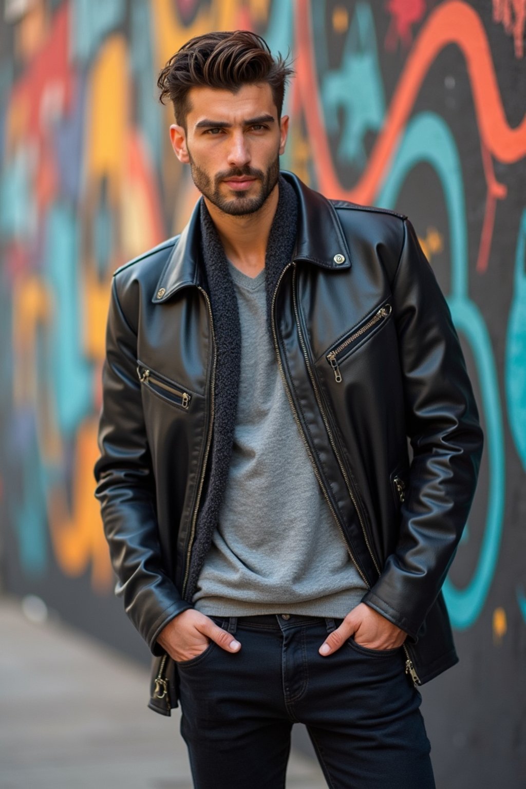 a fashionable masculine  man posing in front of street art