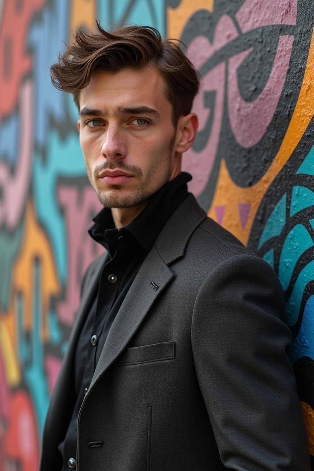 a fashionable masculine  man posing in front of street art