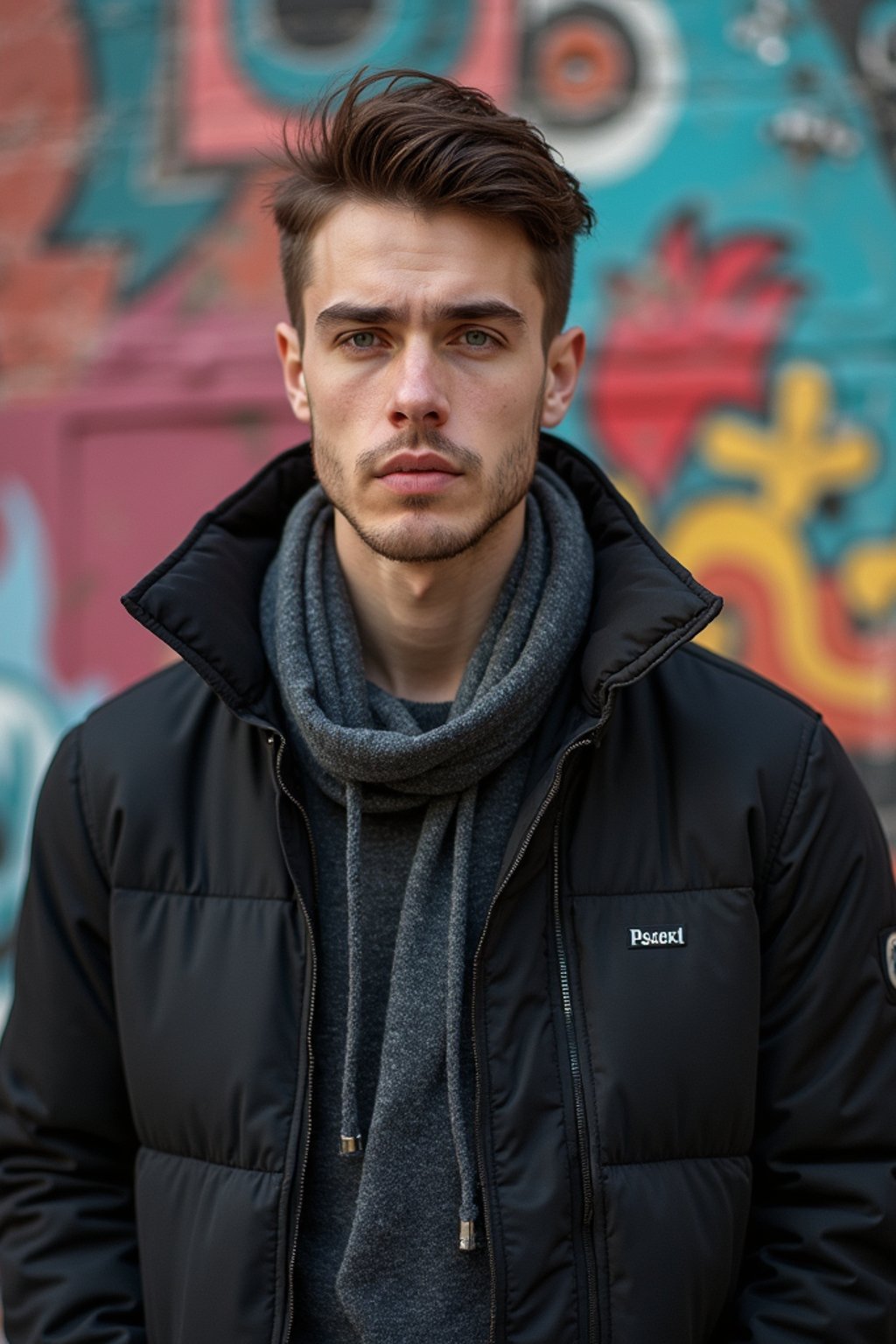 a fashionable masculine  man posing in front of street art