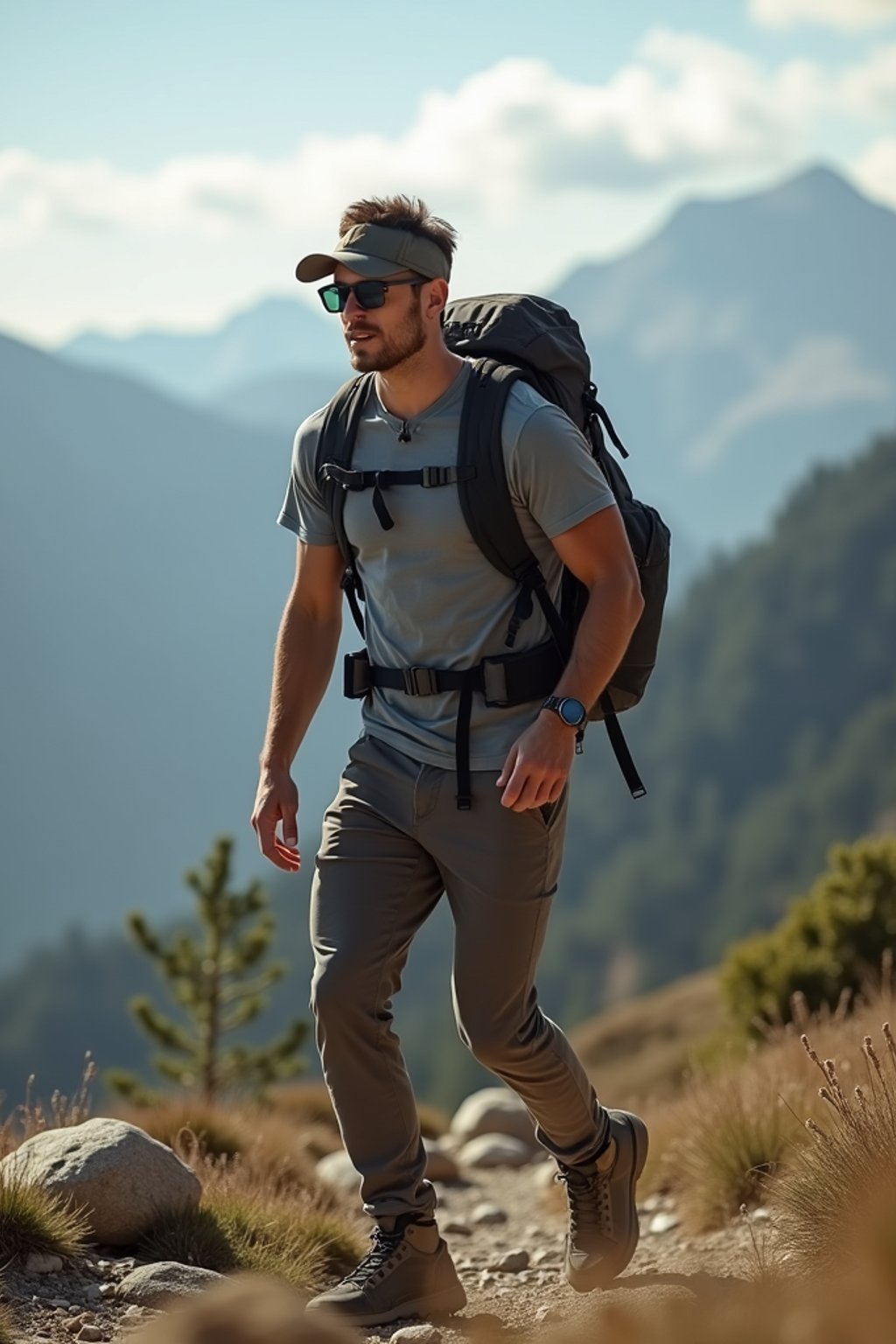 an adventurous masculine  man hiking in the mountains