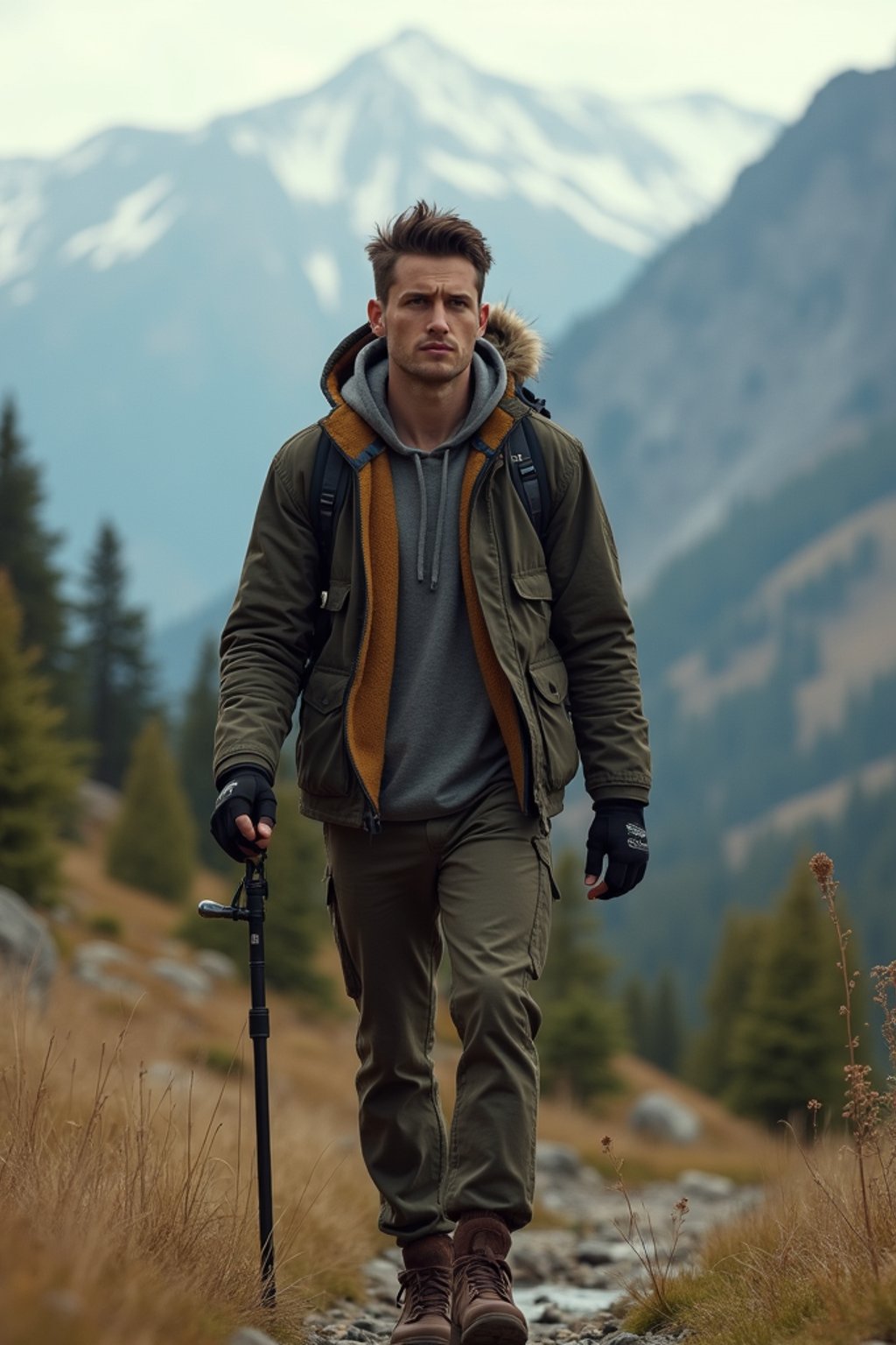 an adventurous masculine  man hiking in the mountains