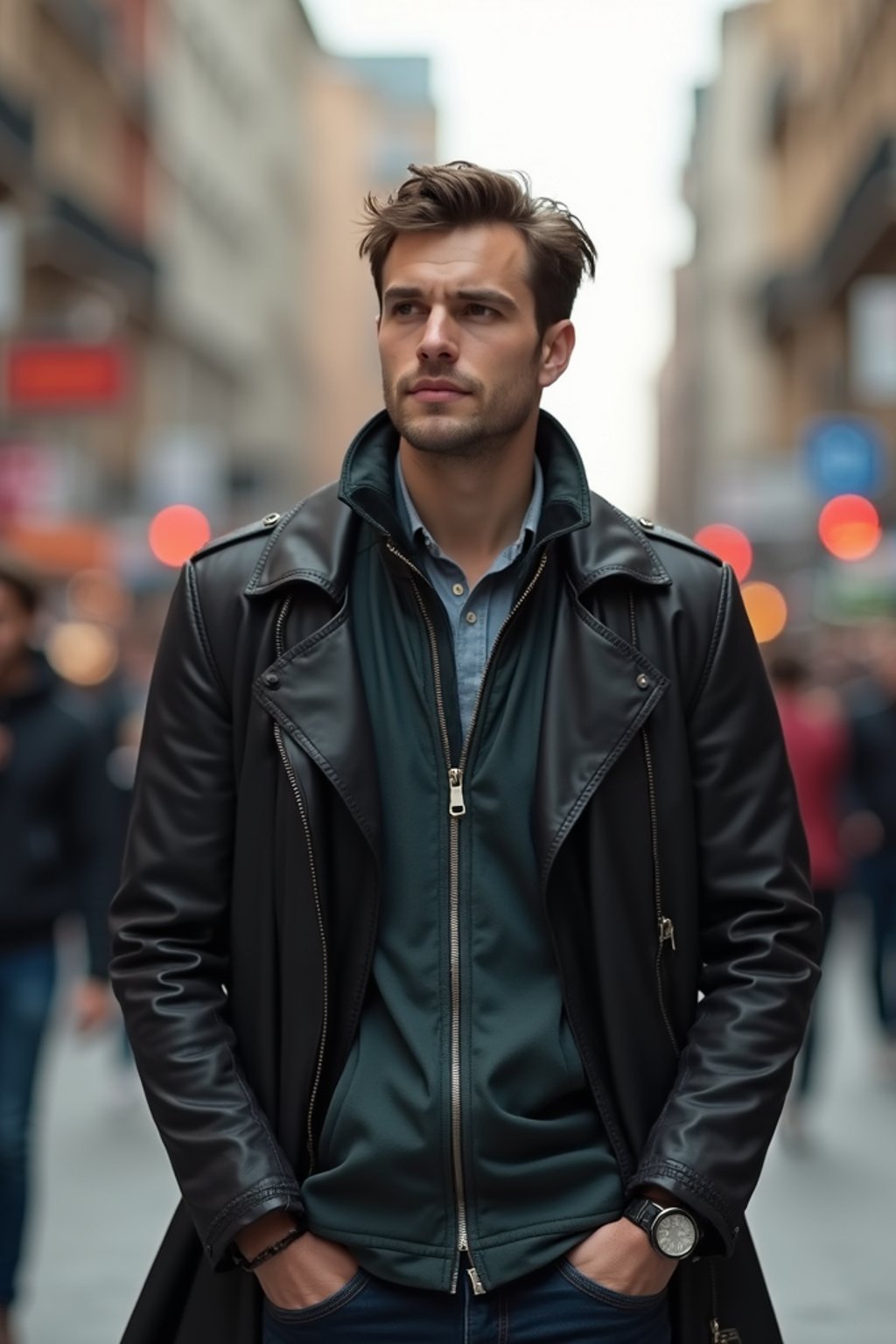 a confident masculine  man exploring a bustling city street