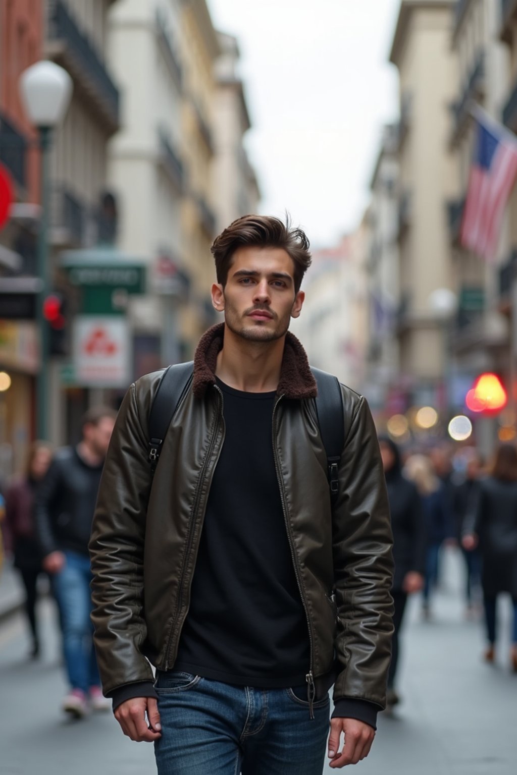 a confident masculine  man exploring a bustling city street