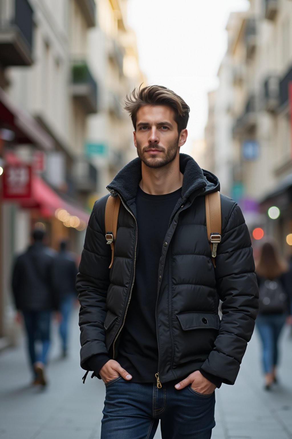 a confident masculine  man exploring a bustling city street