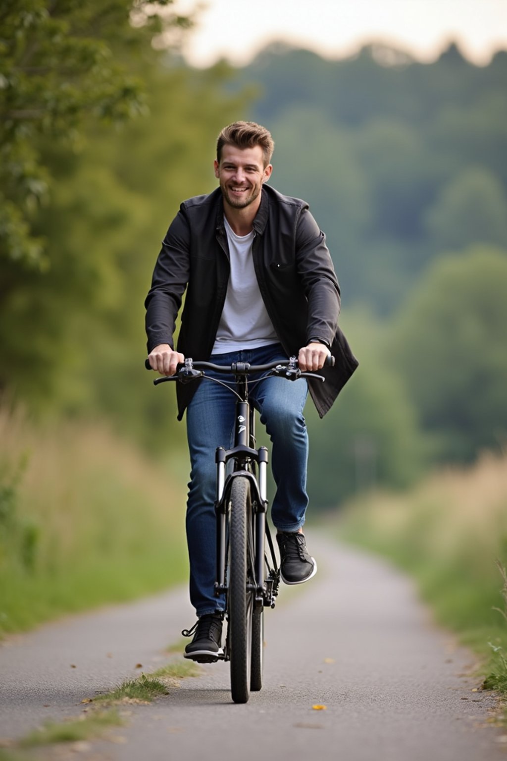 a stylish masculine  man enjoying a leisurely bike ride along a scenic path