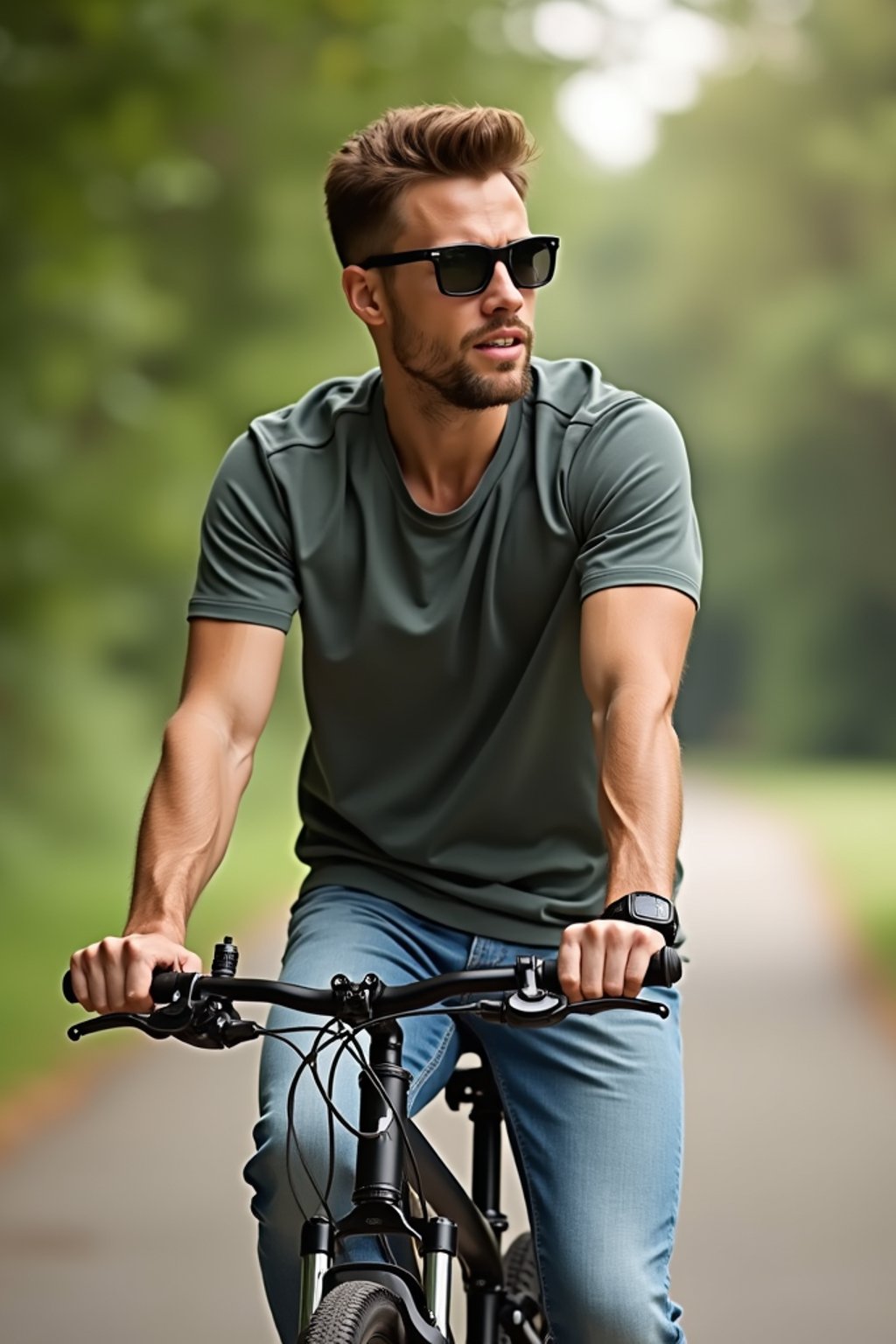 a stylish masculine  man enjoying a leisurely bike ride along a scenic path