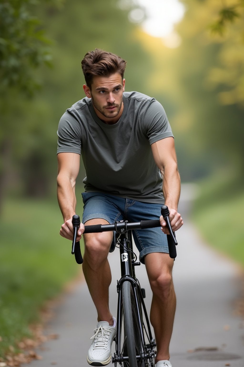 a stylish masculine  man enjoying a leisurely bike ride along a scenic path