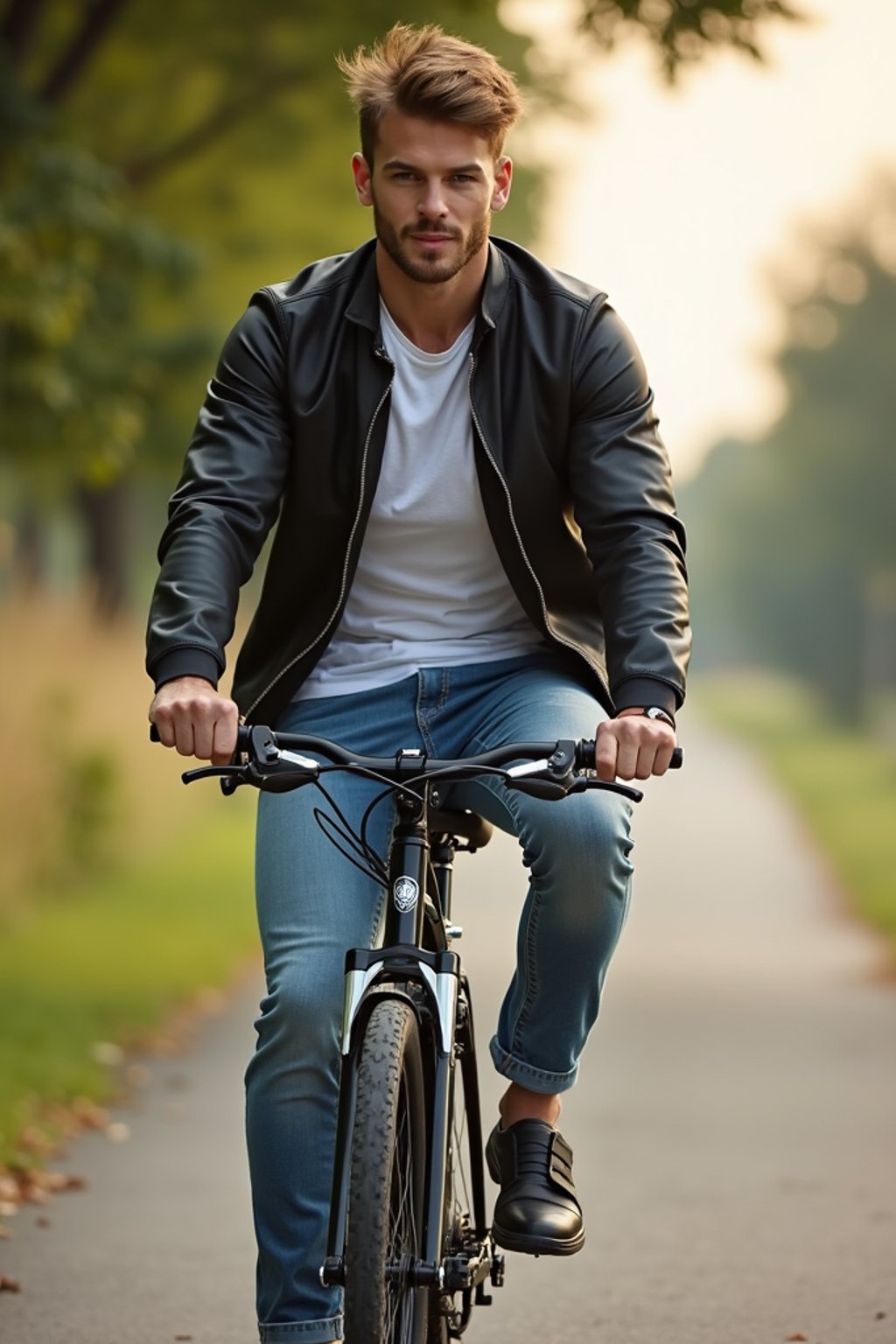 a stylish masculine  man enjoying a leisurely bike ride along a scenic path