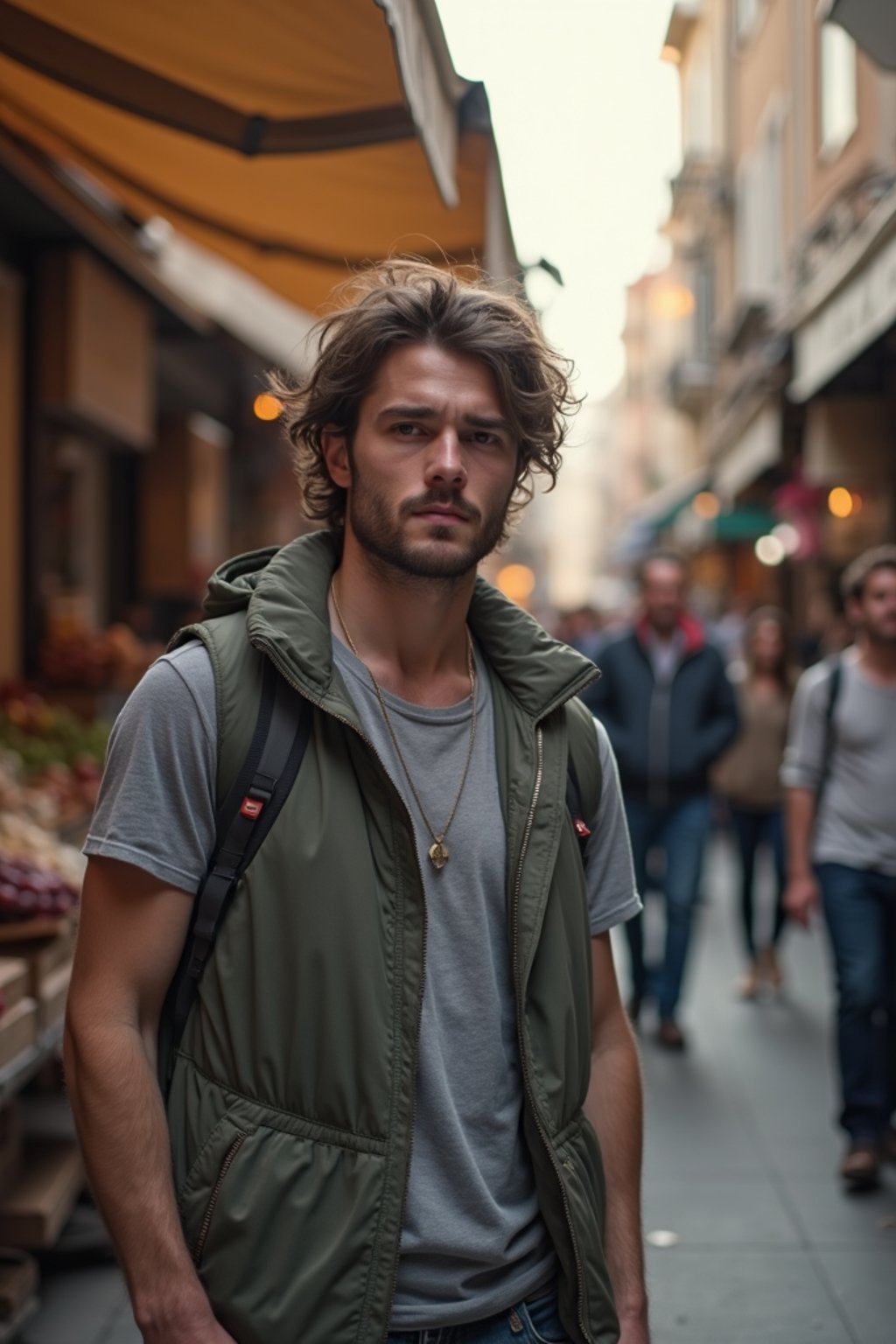 a charismatic masculine  man exploring a street market