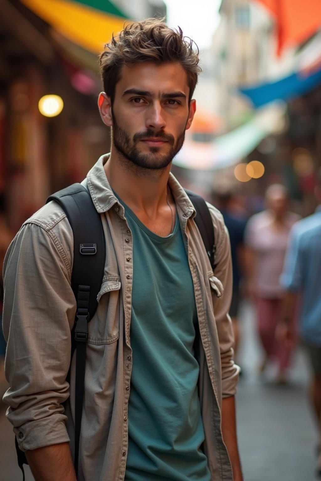 a charismatic masculine  man exploring a street market