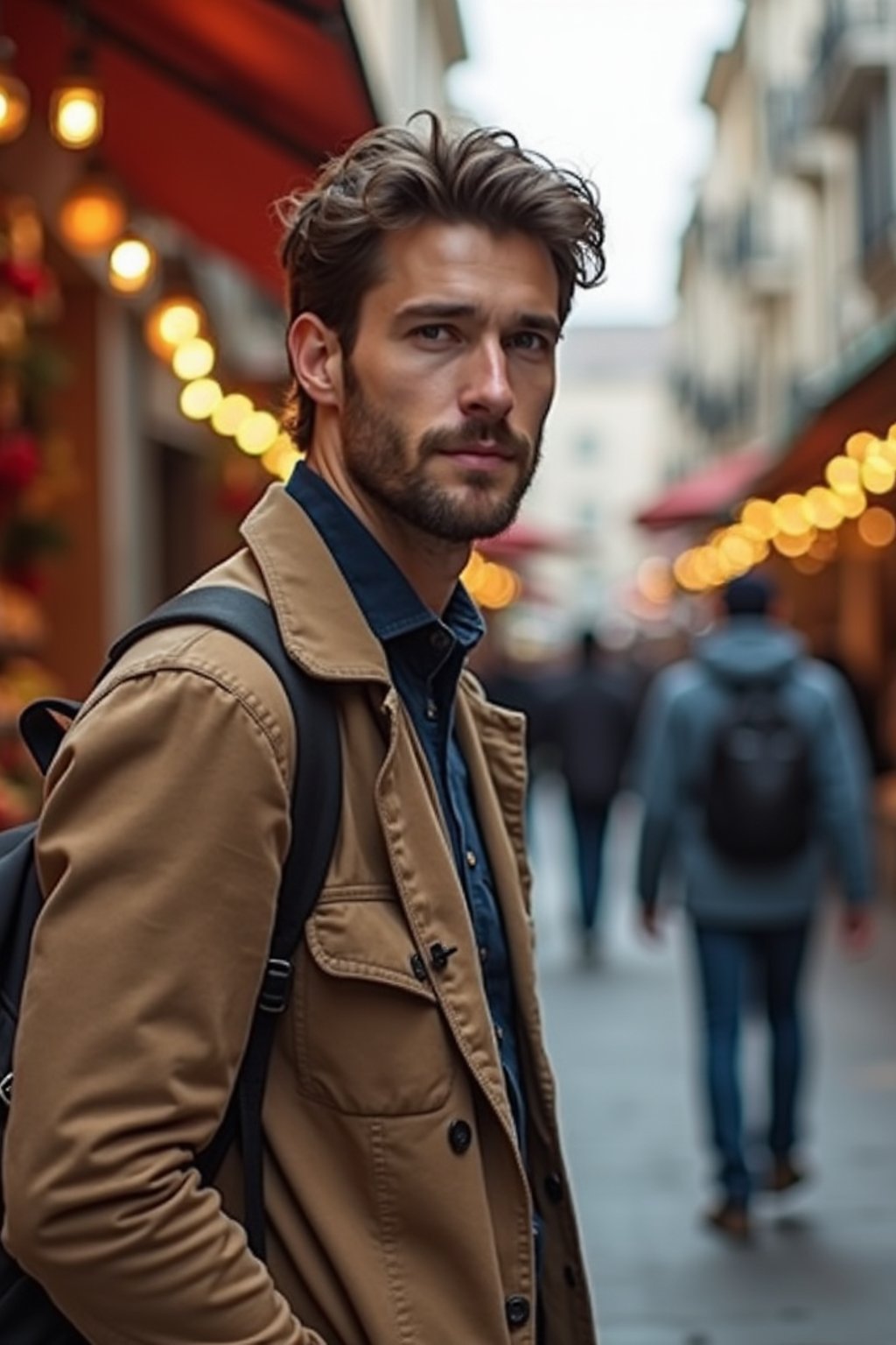 a charismatic masculine  man exploring a street market