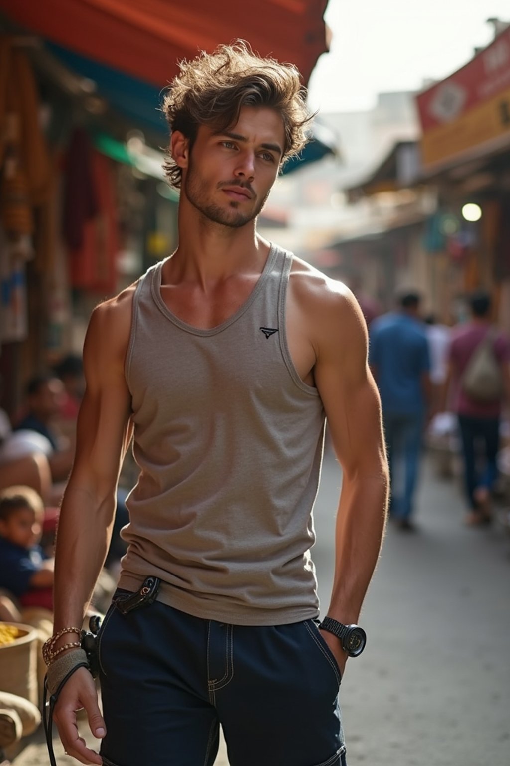 a charismatic masculine  man exploring a street market