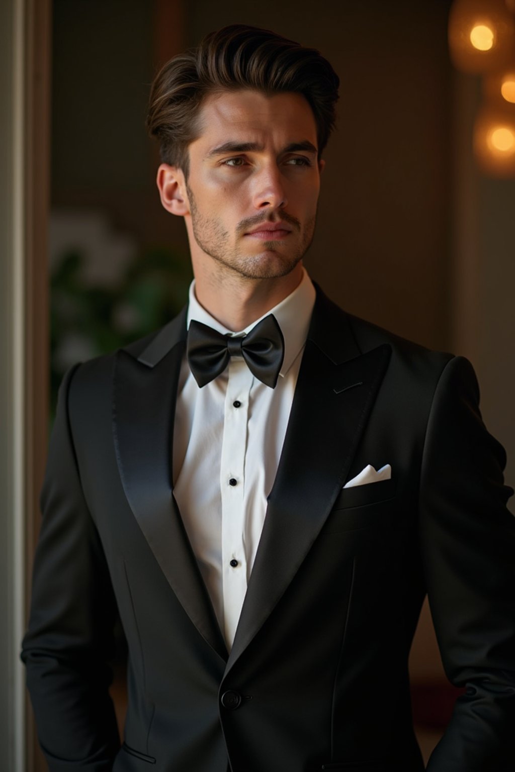 an alluring masculine  man dressed in elegant evening wear