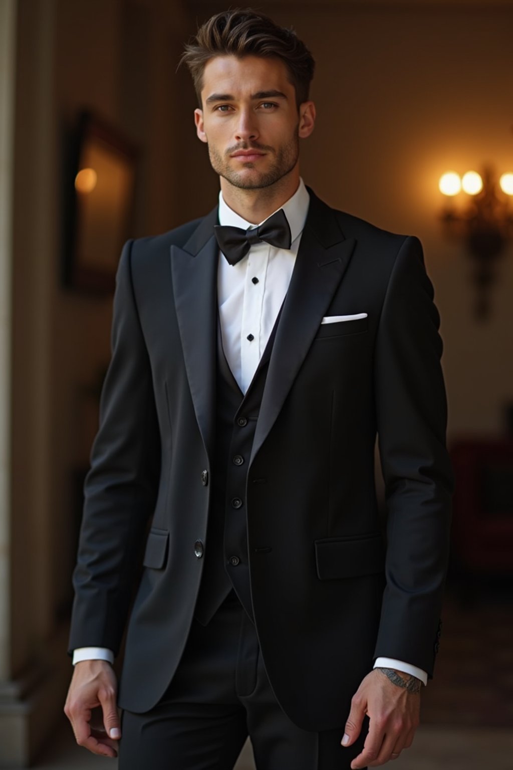 an alluring masculine  man dressed in elegant evening wear