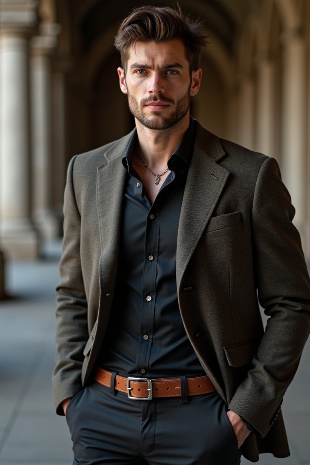 a confident masculine  man dressed in stylish attire