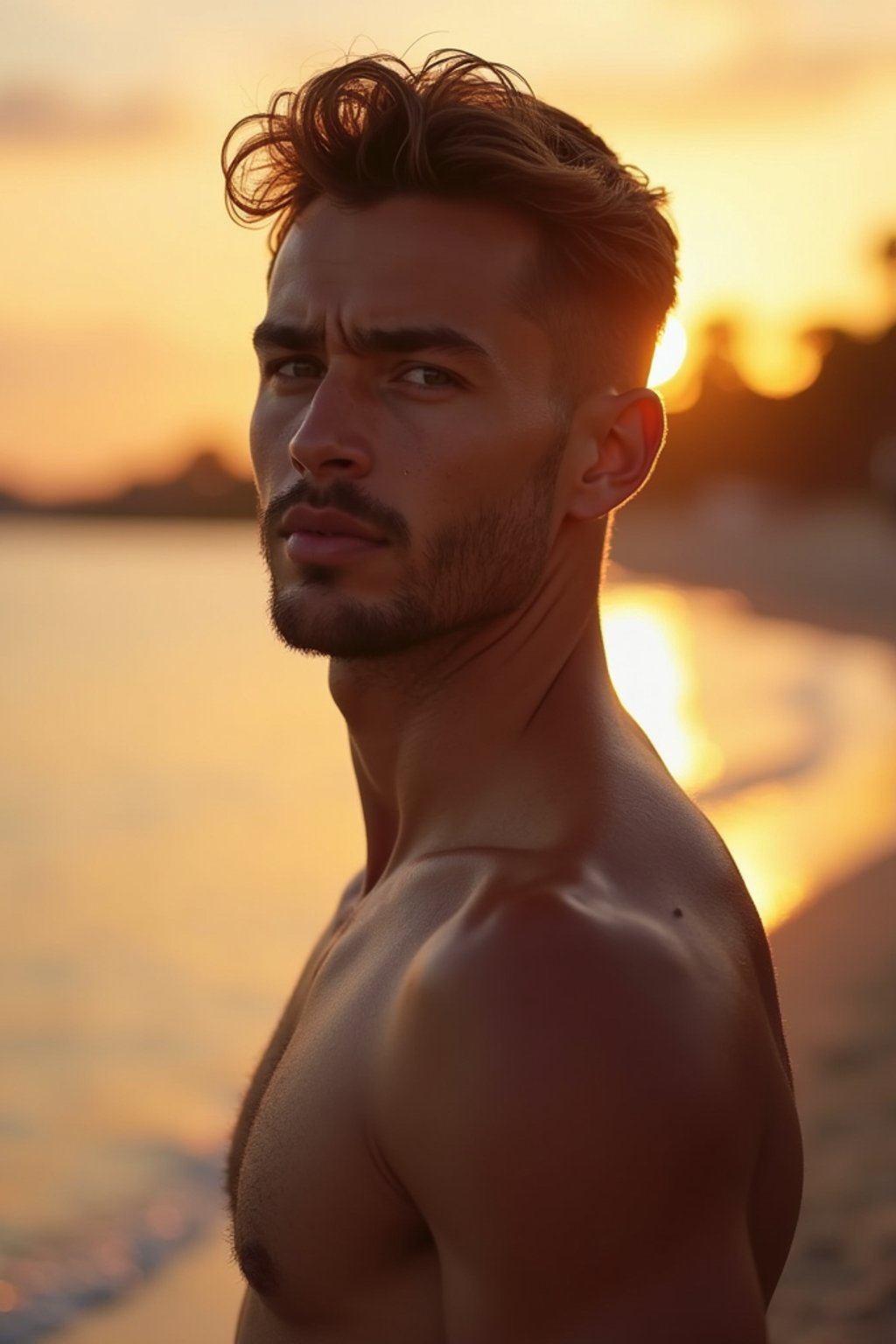 masculine  man enjoying a sunset at a beach or park