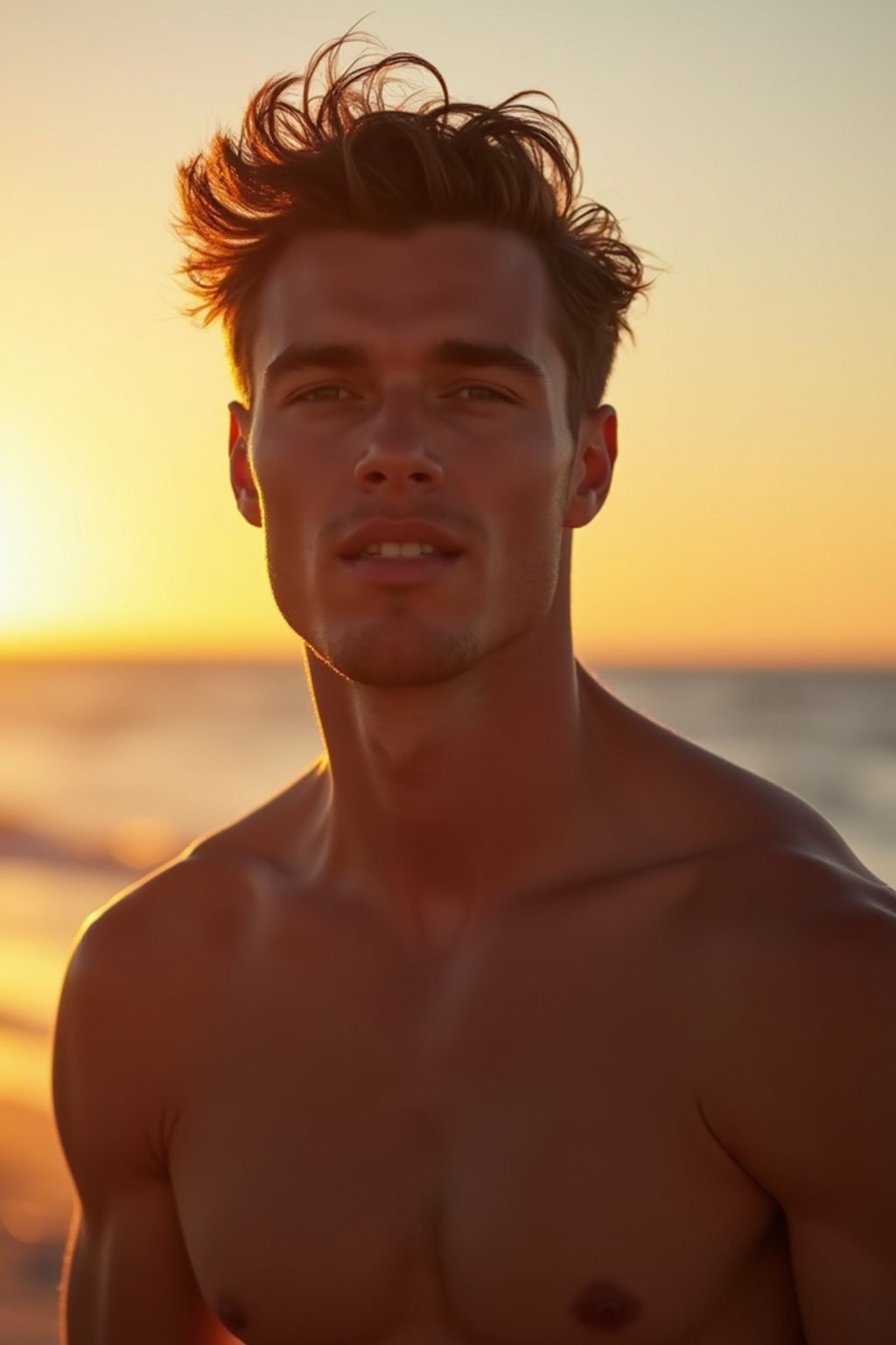 masculine  man enjoying a sunset at a beach or park