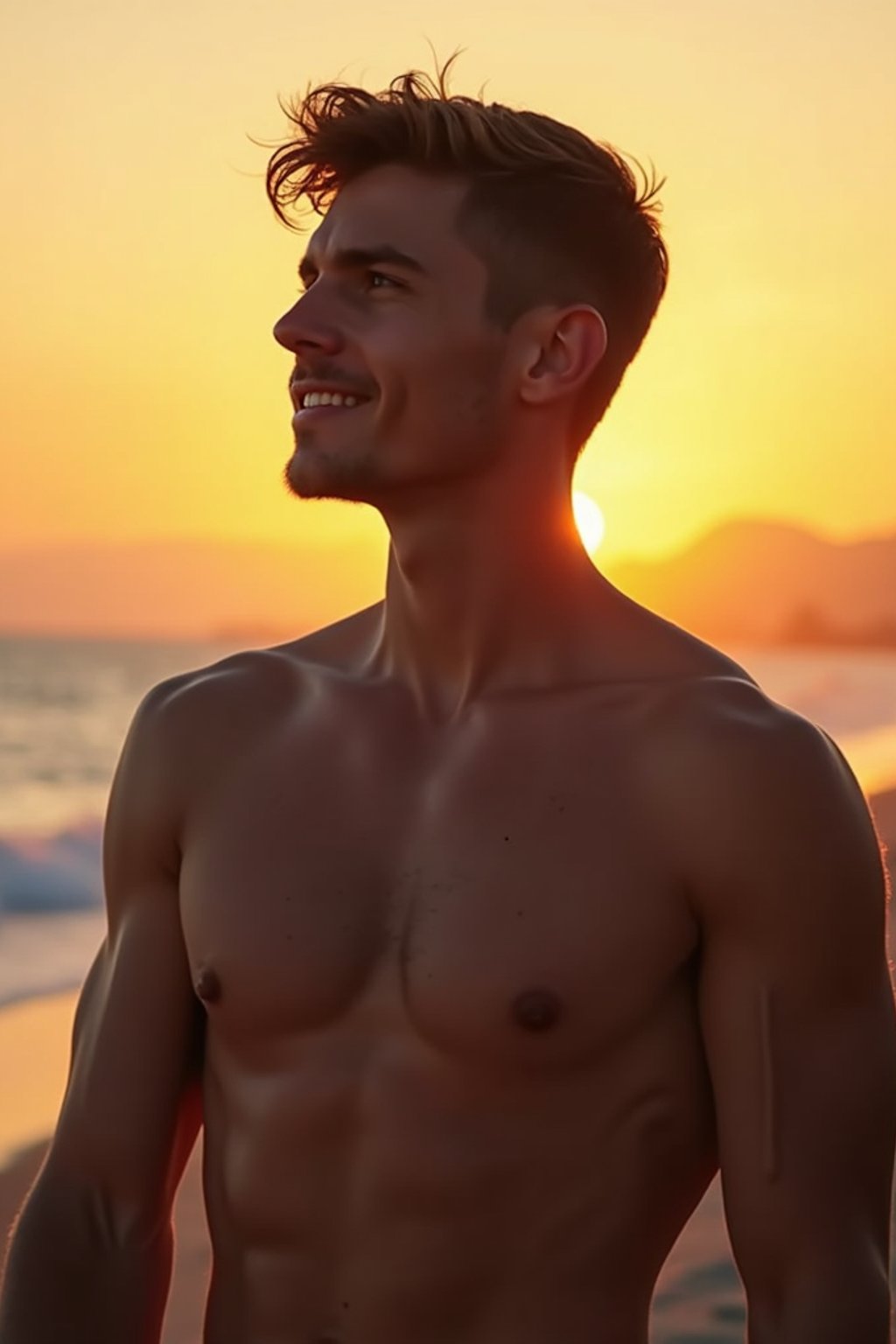 masculine  man enjoying a sunset at a beach or park