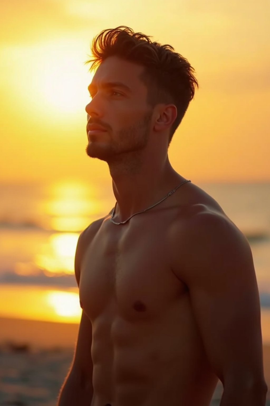 masculine  man enjoying a sunset at a beach or park