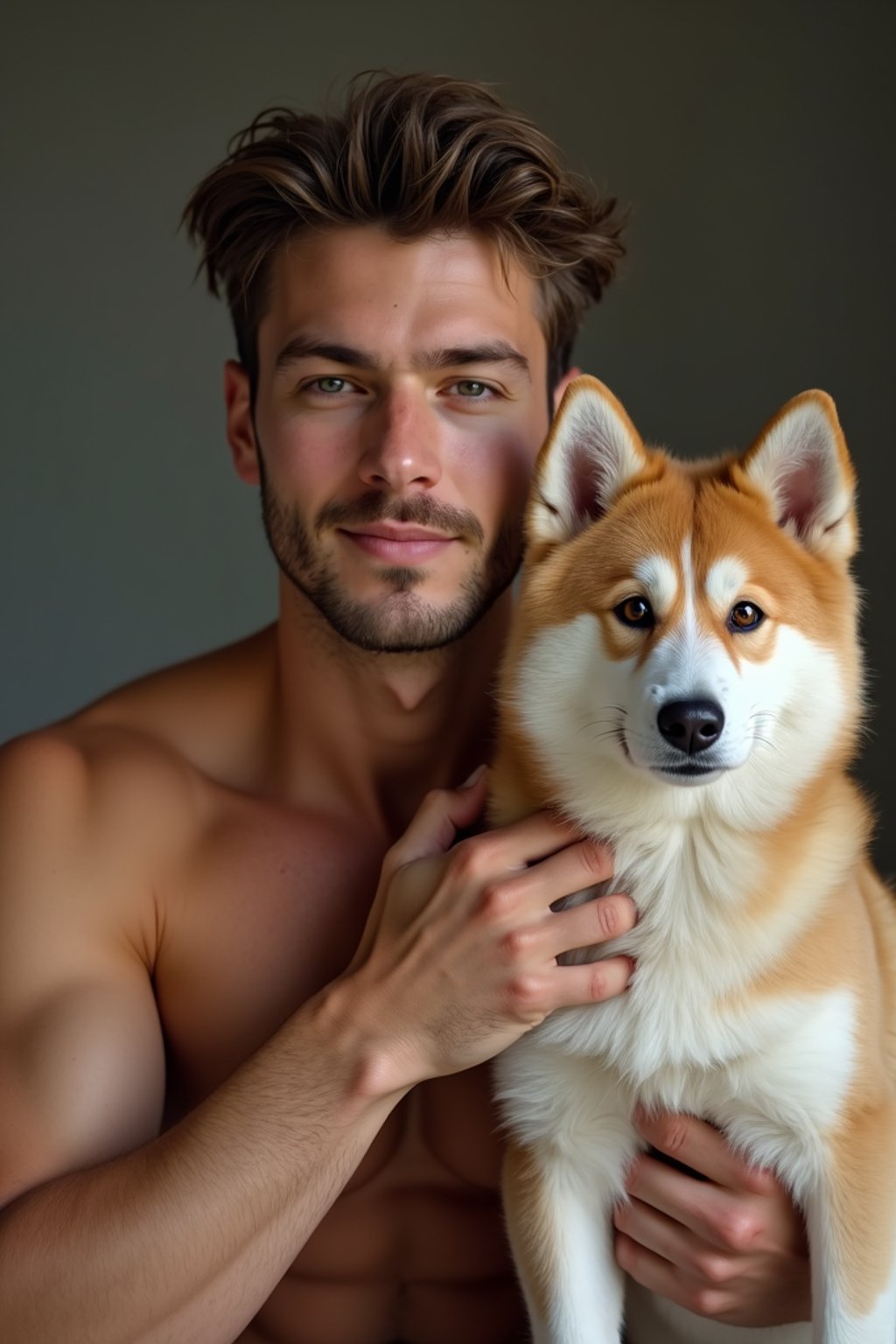 masculine  man posing with a cute pet