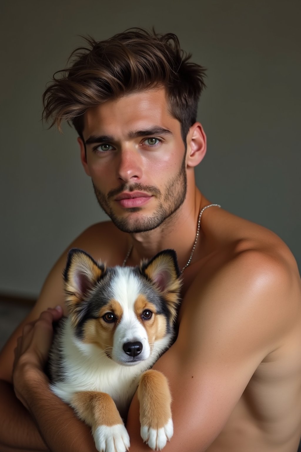 masculine  man posing with a cute pet