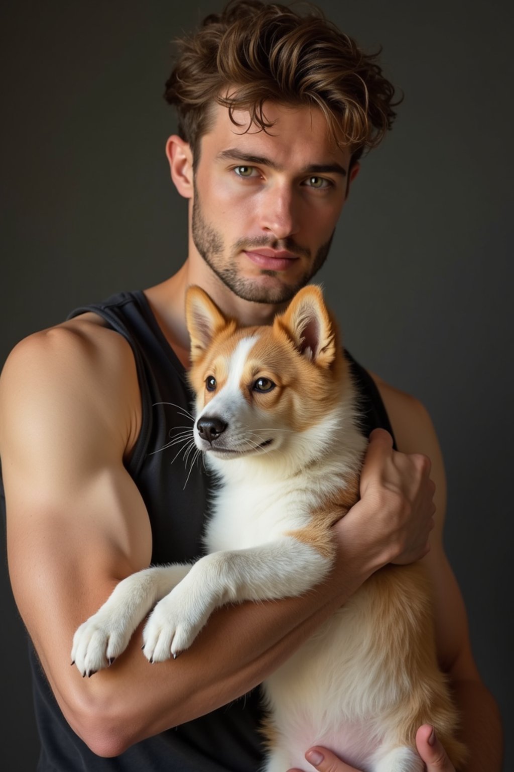 masculine  man posing with a cute pet