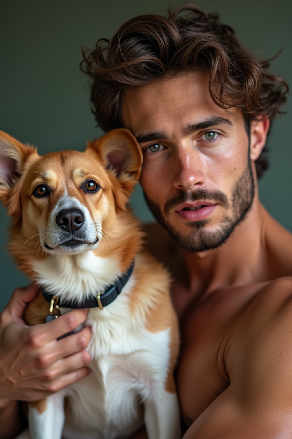 masculine  man posing with a cute pet