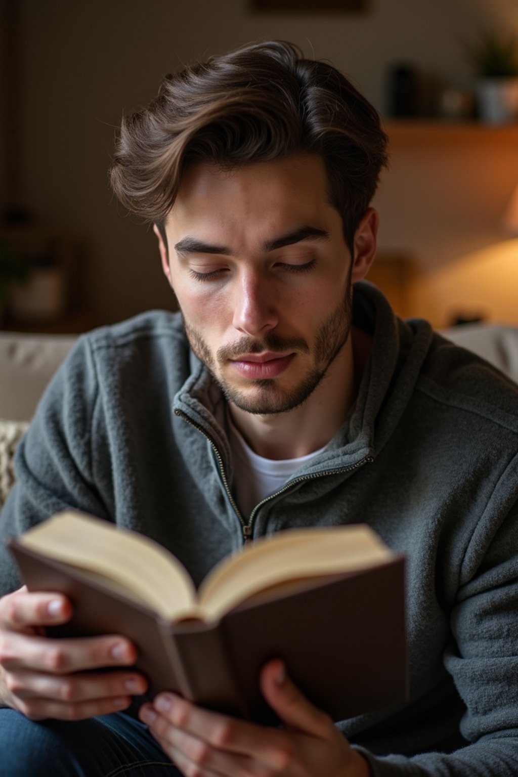 masculine  man reading a book in a cozy home environment