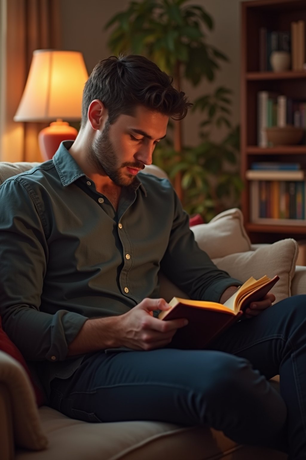 masculine  man reading a book in a cozy home environment