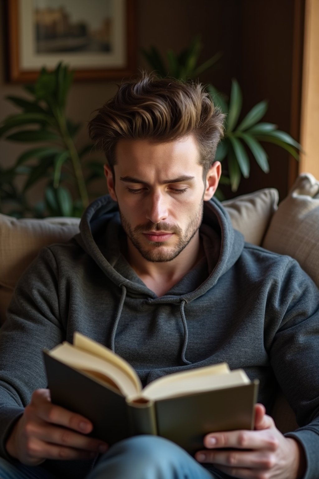 masculine  man reading a book in a cozy home environment