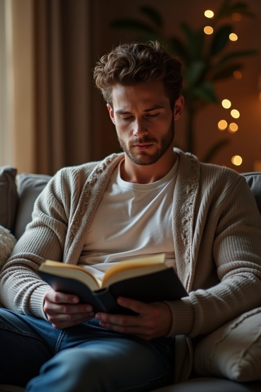 masculine  man reading a book in a cozy home environment