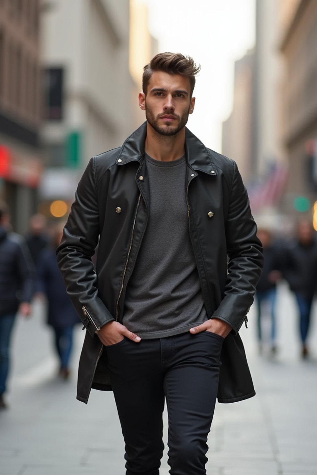 masculine  man taking a casual stroll through a cityscape