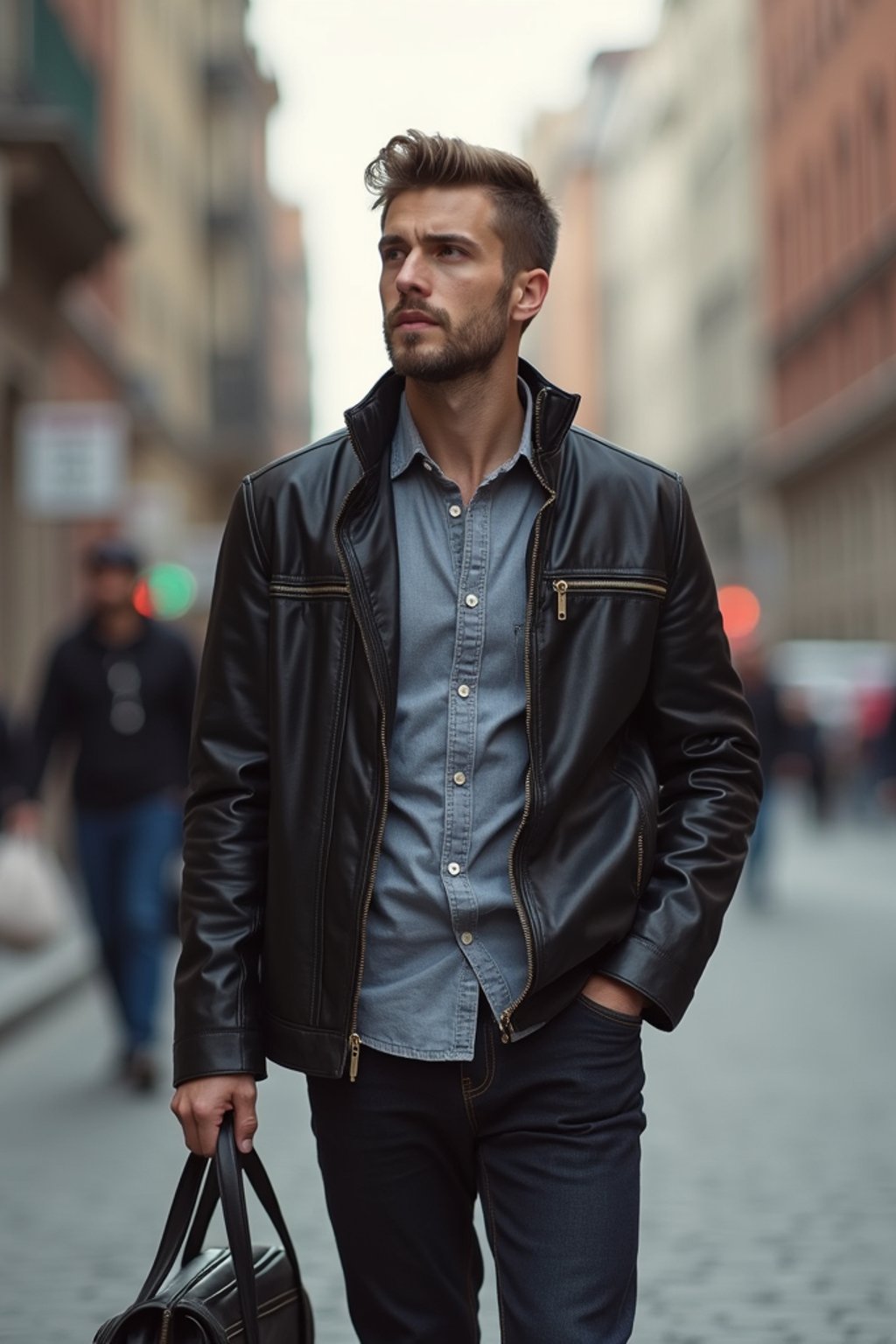 masculine  man taking a casual stroll through a cityscape