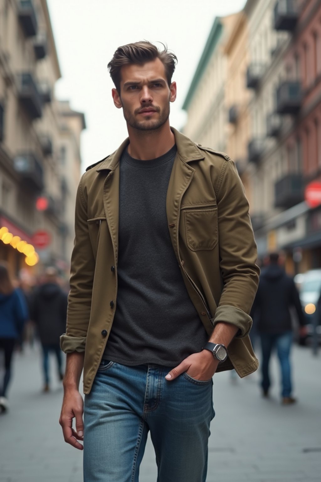 masculine  man taking a casual stroll through a cityscape