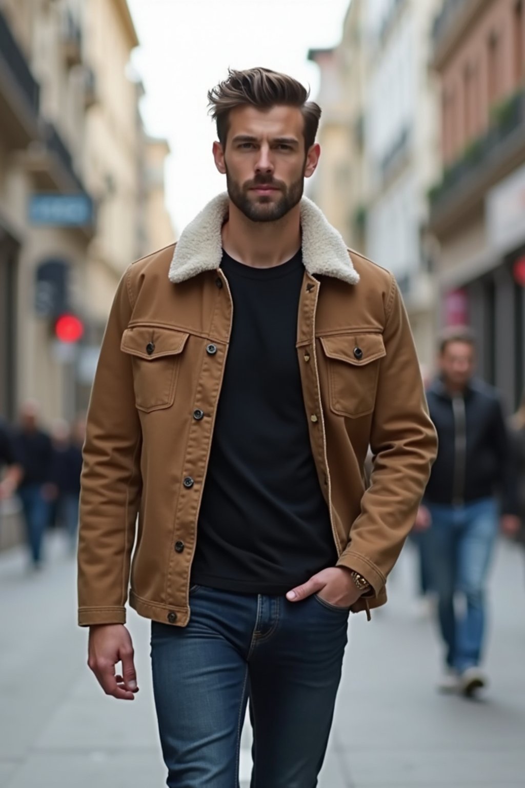 masculine  man taking a casual stroll through a cityscape