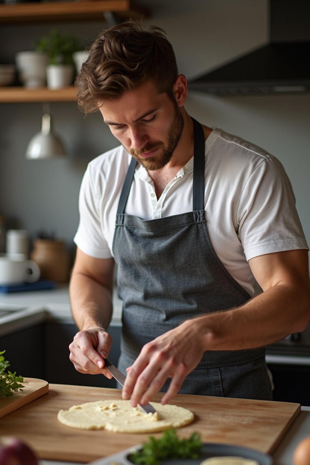 masculine  man cooking or baking in a modern kitchen