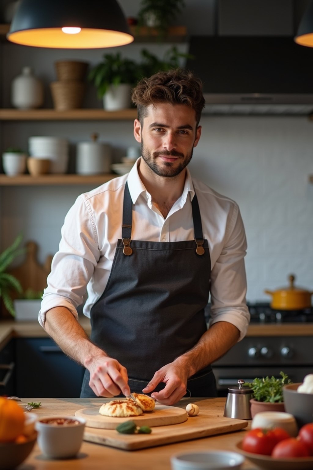 masculine  man cooking or baking in a modern kitchen