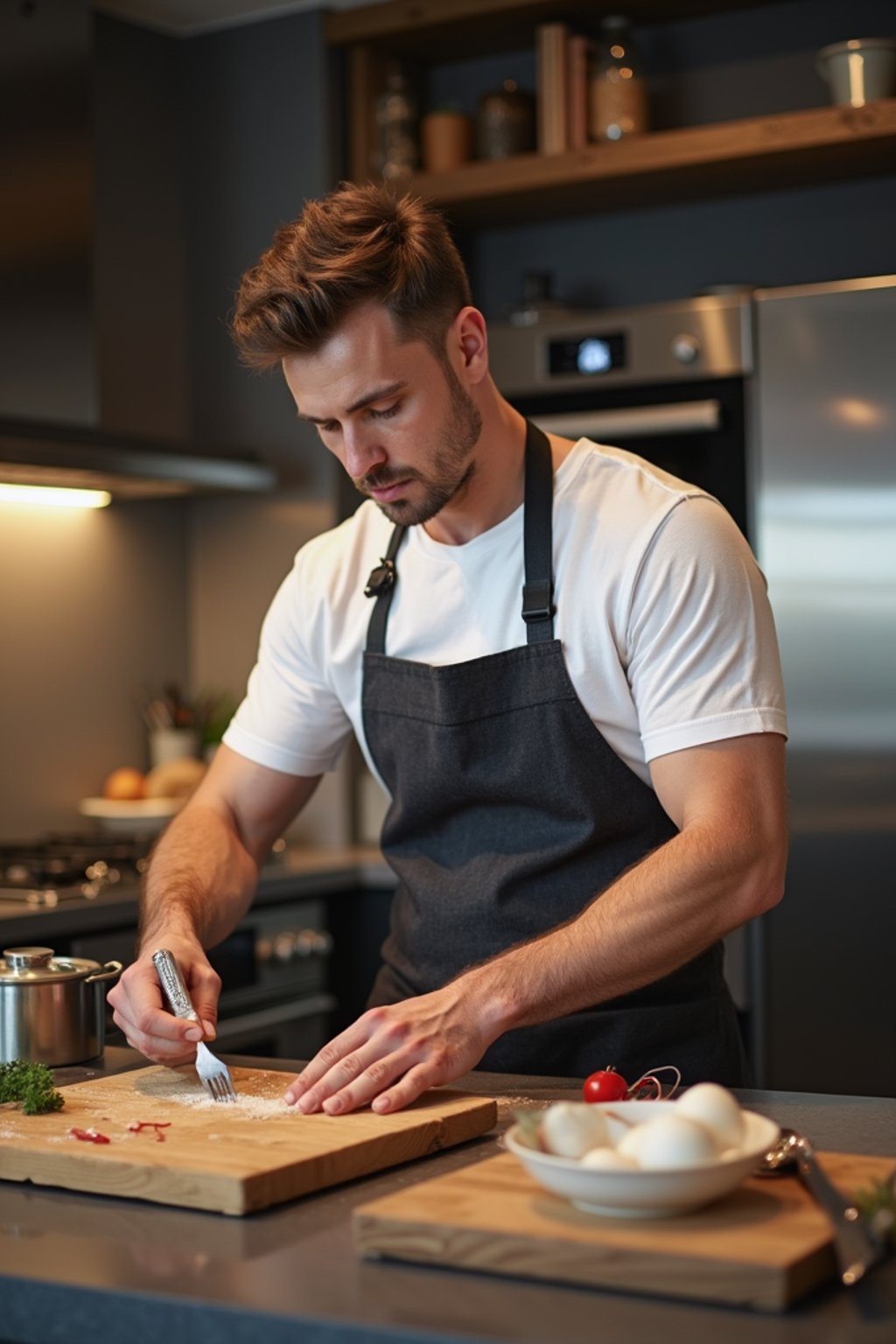 masculine  man cooking or baking in a modern kitchen