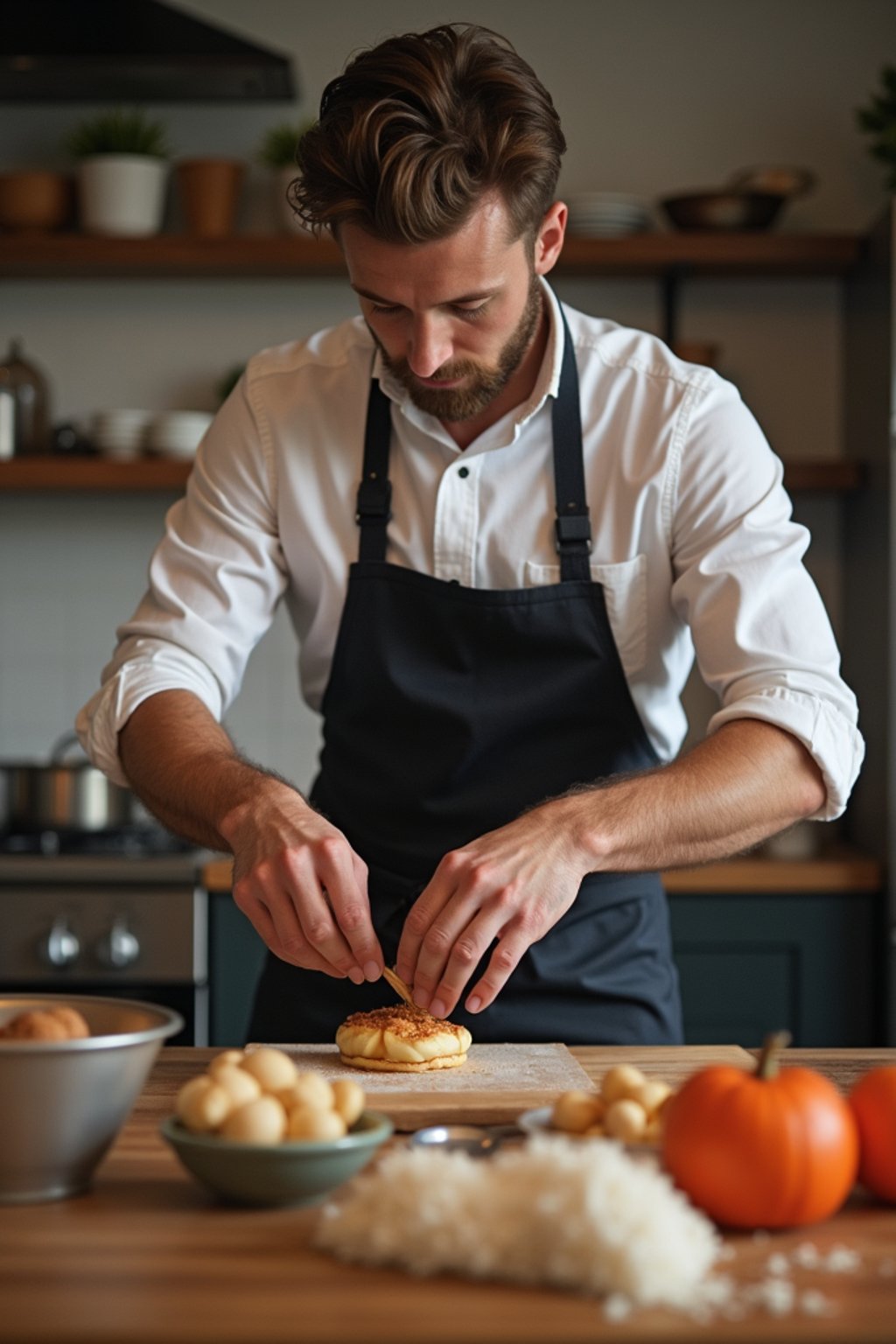 masculine  man cooking or baking in a modern kitchen