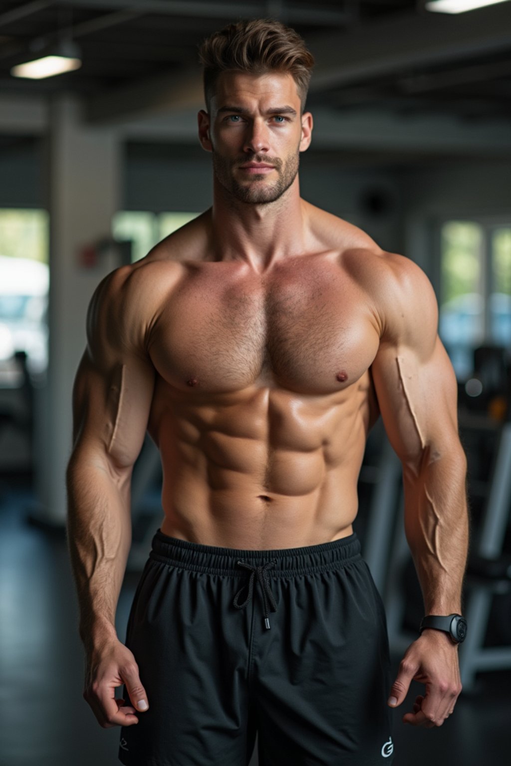 masculine  man wearing  or shorts and sports top in the fitness gym