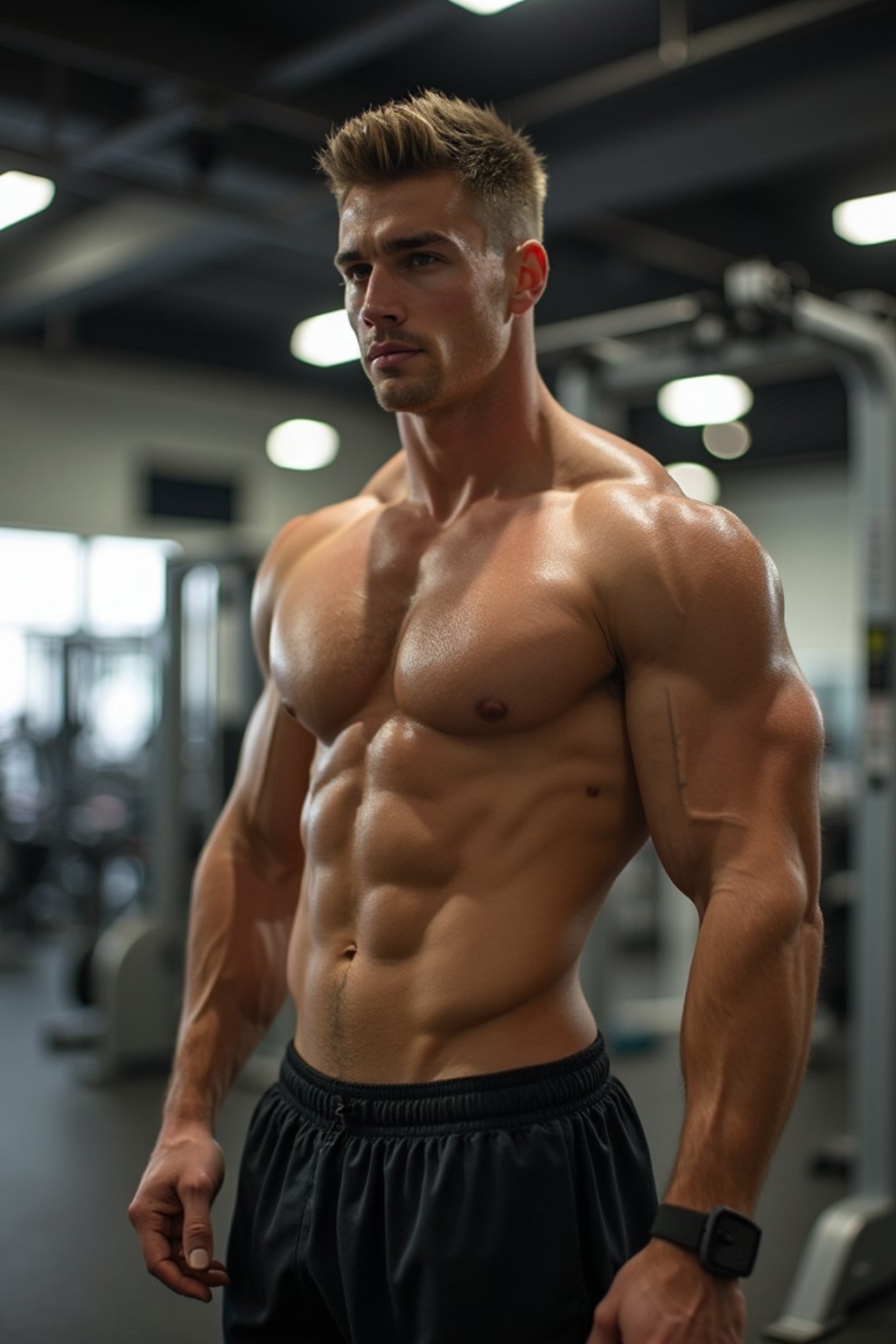 masculine  man wearing  or shorts and sports top in the fitness gym