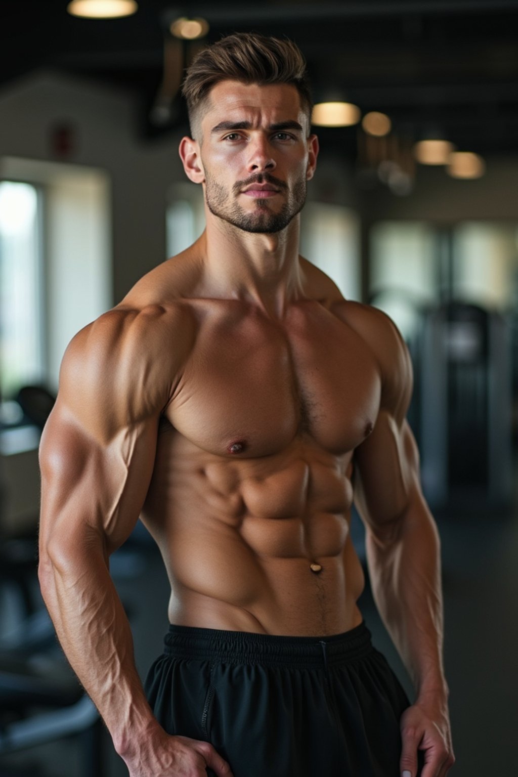 masculine  man wearing  or shorts and sports top in the fitness gym