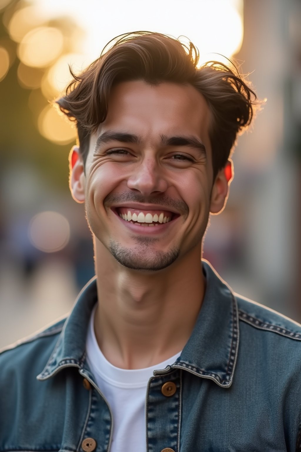 headshot of smiling man wearing casual clothes posing for dating app headshot. outdoor blurry background. the lighting is warm, possibly from a setting sun, creating a soft glow around him, enhancing the casual and relaxed vibe of the image. the setting seems to be outdoors, likely in an urban environment, with the blurred background hinting at a street or park-like area. this image likely portrays a youthful, active, and approachable individual, possibly in a lifestyle or fashion-related context.