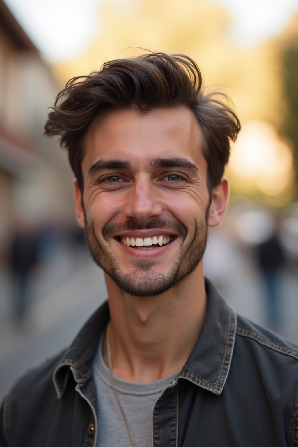 headshot of smiling man wearing casual clothes posing for dating app headshot. outdoor blurry background. the lighting is warm, possibly from a setting sun, creating a soft glow around him, enhancing the casual and relaxed vibe of the image. the setting seems to be outdoors, likely in an urban environment, with the blurred background hinting at a street or park-like area. this image likely portrays a youthful, active, and approachable individual, possibly in a lifestyle or fashion-related context.